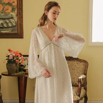 

YUEY Retro Court Nightgown Female Spring Summer Autumn Princess Pajamas Lace V-neck Hollow Trumpet Sleeves Sexy Clothes at Home