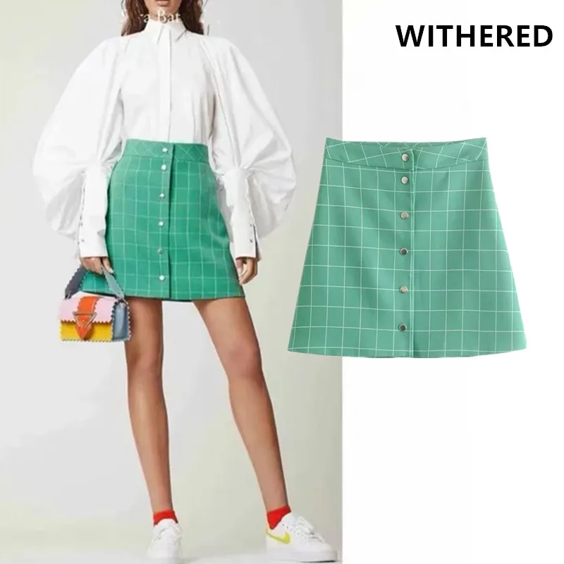 Withered england style vintage green plaid single breasted a-line mini skirt women faldas mujer moda 2019 sexy skirts womens Withered england style vintage green plaid single breasted a-line mini skirt women faldas mujer moda 2019 sexy skirts womens
