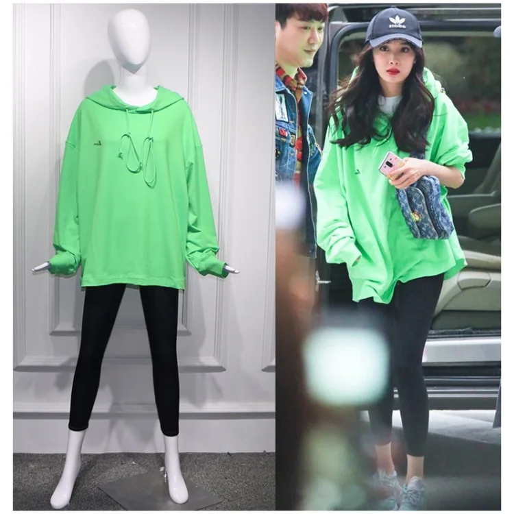 

Yang Mi Celebrity Style Laziness-Style Green South Korea Star INS Fashion CEC Loose Autumn And Winter Thin Long Sleeve Hoodie Wo