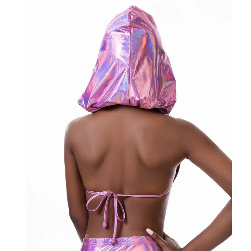 Сексуальный голографический Холтер для женщин Camisoles Wet Look с открытой спиной Бандаж с капюшоном Низкий вырез бюстгальтер укороченный Летний Пляжный топ Купальники Топ