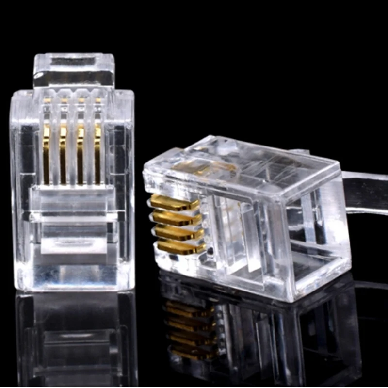 

Crystal Head RJ11 Connector 4P4C 4 Pins 4 Contacts Telephone Modular Plug Jack Gold Plated Network Cable Connector 100PCS