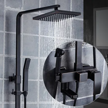 

European Style Black Shower Set Wall Mounted 8" Rainfall Shower Mixer Tap Faucet Single Handle Round Head With Spray Gun Shower