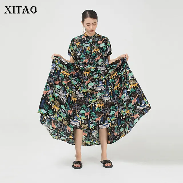 XITAO Cartoon Print Pattern Dress Women 2020 Summer Casual Fashion New Style Temperament  Stand Collar Short Sleeve Dress ZP1346 1