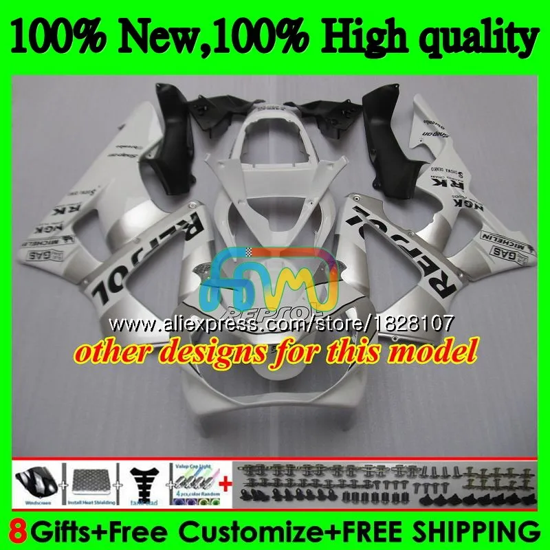 Корпус для HONDA CBR900RR CBR 929RR 929 900 RR CC 900RR 00 01 107BS. 0 CBR900 RR CBR929 RR CBR929RR 2000 2001 обтекателя Repsol серебристый
