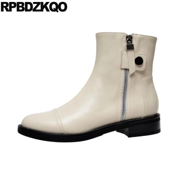 

fur fall british women boots winter 2019 black beige ankle autumn big brand short genuine leather block chunky round toe shoes