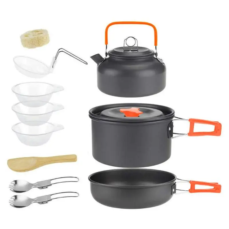 Outdoor Camping Hiking Cookware Tableware Picnic Cooking Pan Fry Pan Kettle Teapot Foldable Fork Spoon Kit Camping Picnic Tools