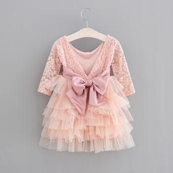 

Spring Girls Lace Long-sleeved Yarn Dress Children Princess Holiday Dress with Big Bow and Belt