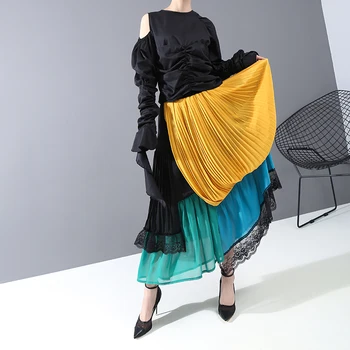 

New 2020 Women High Waist Colorful Patchwork Chiffon skort A-Line Length Ladies Stylish Casual Long Skirt Femme 5952