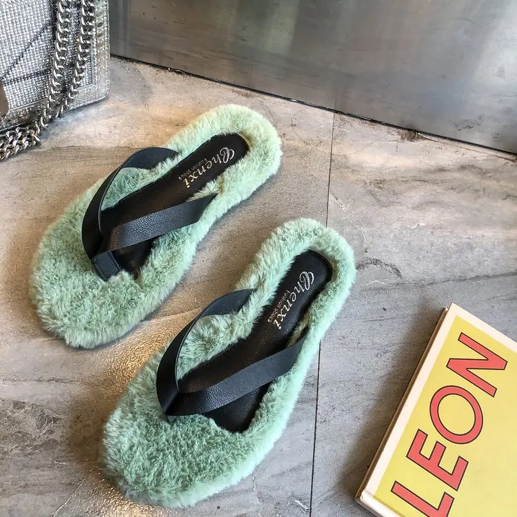 Classics Winter Women Fur Flip Flops Outside Flat Open Toe Women Shoes Solid Casual Faux Fur Slippers