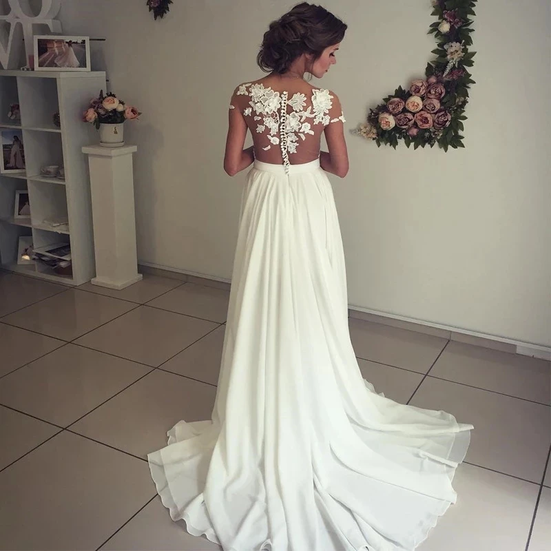 ADLN Топ прозрачное свадебное платье Vestido De Noiva с коротким рукавом Аппликация разрез сексуальное пляжное свадебное платье шифон платье невесты