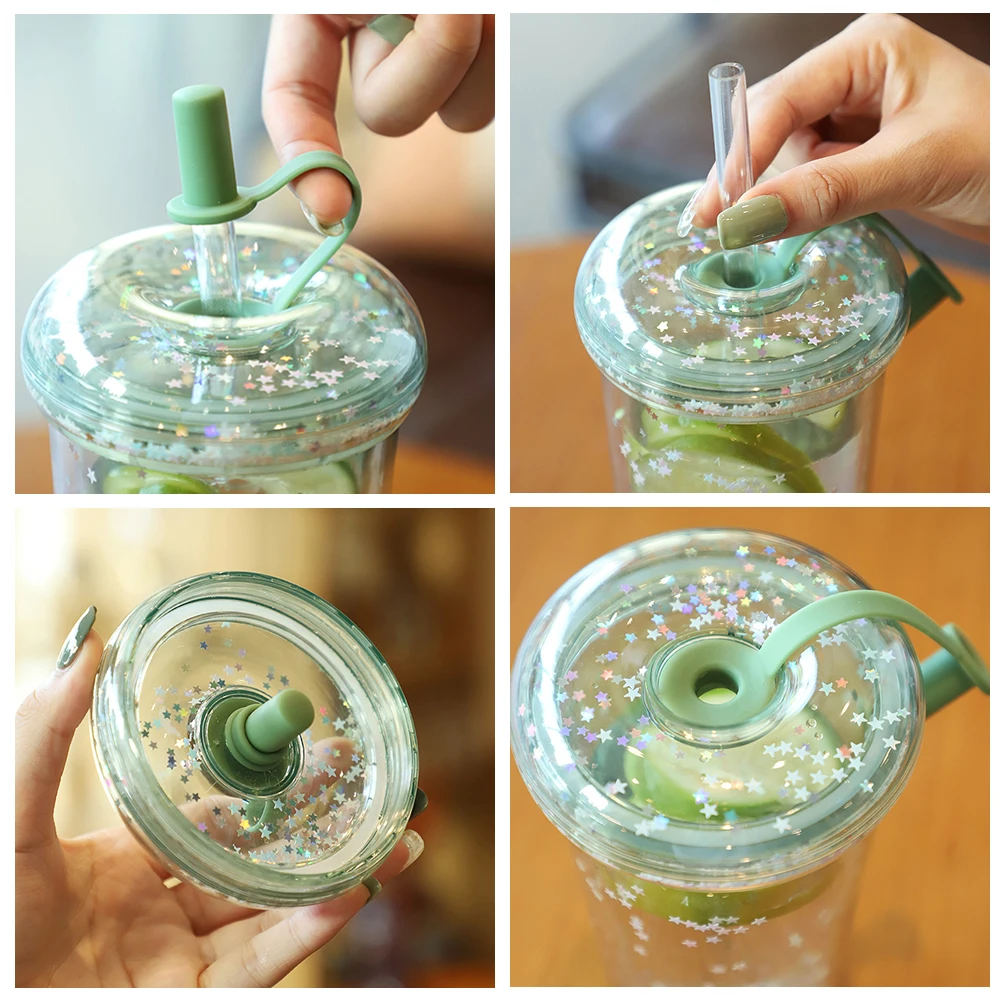 Tazza Con Cannuccia Set Di 4 Bicchieri In Vetro Con Coperchio In Bambù E Cannuccia – Capacità 500 Ml, Riutilizzabili, Per Bubble Tea, Cocktail, Frullati, Lavabili In Lavastoviglie Bicchiere Bambini