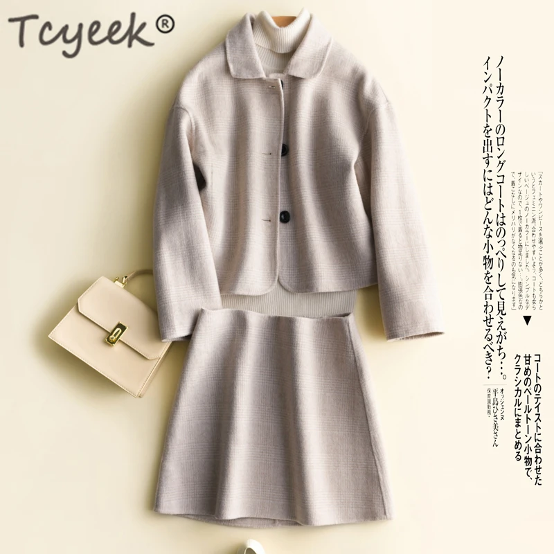 

Tcyeek Winter Coat Women 100% Wool Coat + Skirt Two Piece Set Woman Autumn Clothes 2019 Elegant Slim Cashmere Jacket Hiver 1632