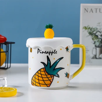 

14oz Fruit Coffee Mug Cartoon Style Ceramic Child Milk Pot Cute Strawberry Pineapple Avocado Breakfast Cup for Kid or Girlfriend
