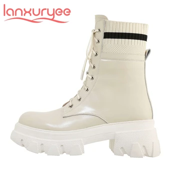 

Lanxuryee motorcycle boots top quality natural leather round toe thick bottom winter keep warm classic style mid-calf boots L83