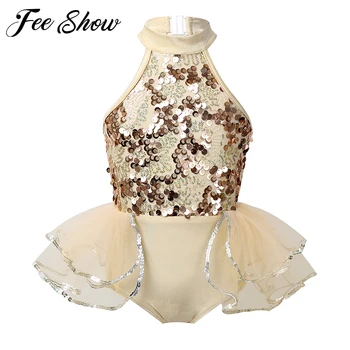 

Kids Girls Figure Skating Dress Ice Roller Skating Shiny Sequins Sleeveless Halter Caged Back Ballet Dance Leotard Dress Costume
