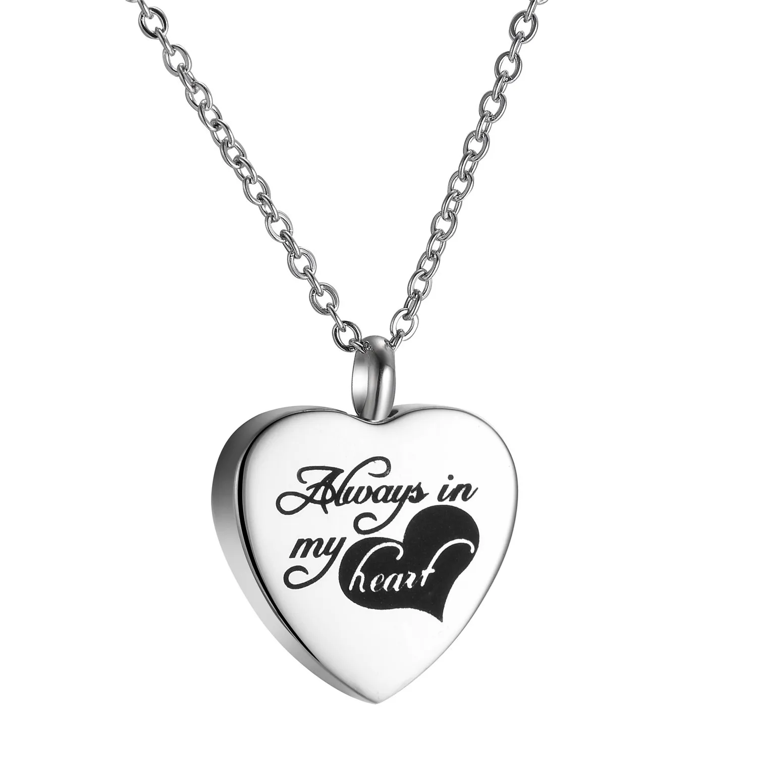 

Rananim Hot Selling Always in MY Heart Heart Shape Pet Remains Cremation Urn Titanium Steel Perfume Bottle Necklace