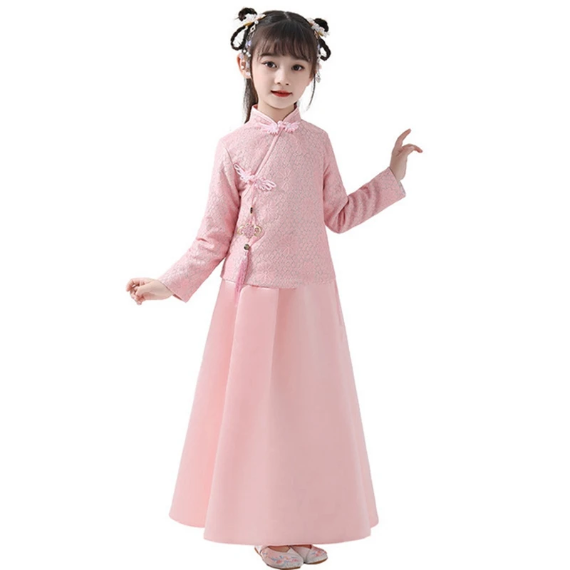 Hanfu/осенне-зимние модели для девочек; костюм в китайском стиле со стоячим воротником и длинными рукавами; утепленная элегантная одежда для девочек на год