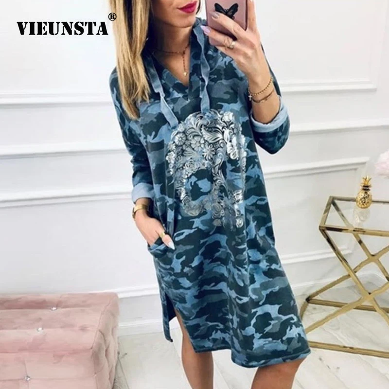 

VIEUNSTA Halloween Camouflage Skull Print Long Dress Women Autumn Drawstring Hoody Sweatshirt Dress Sexy Long Sleeve Party Dress