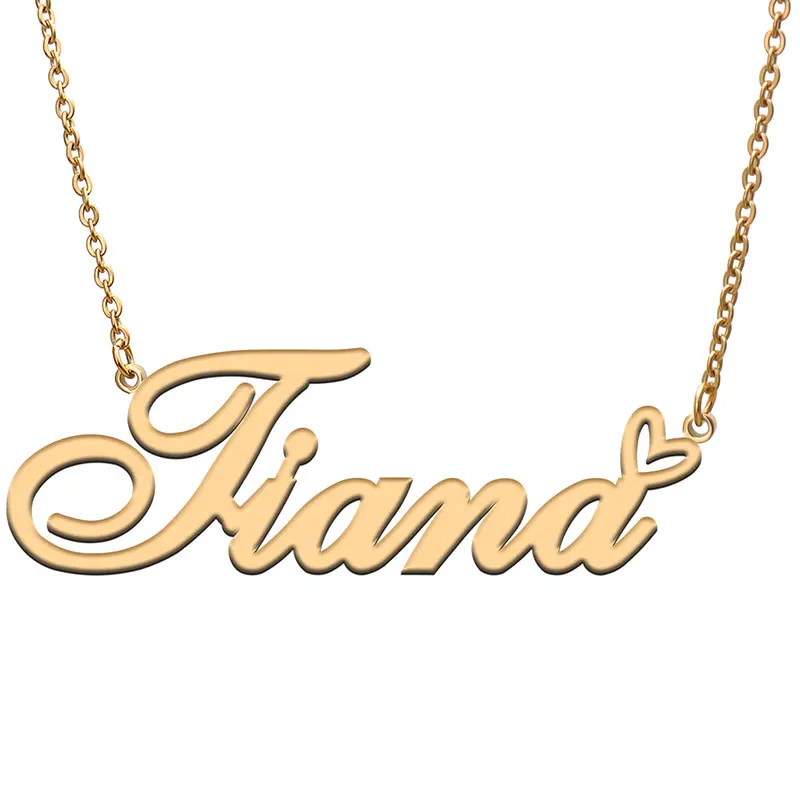 

Tiana Name with Love Heart Necklace for Women Stainless Steel Jewelry Nameplate Pendant Femme Mother Child Girls Gift
