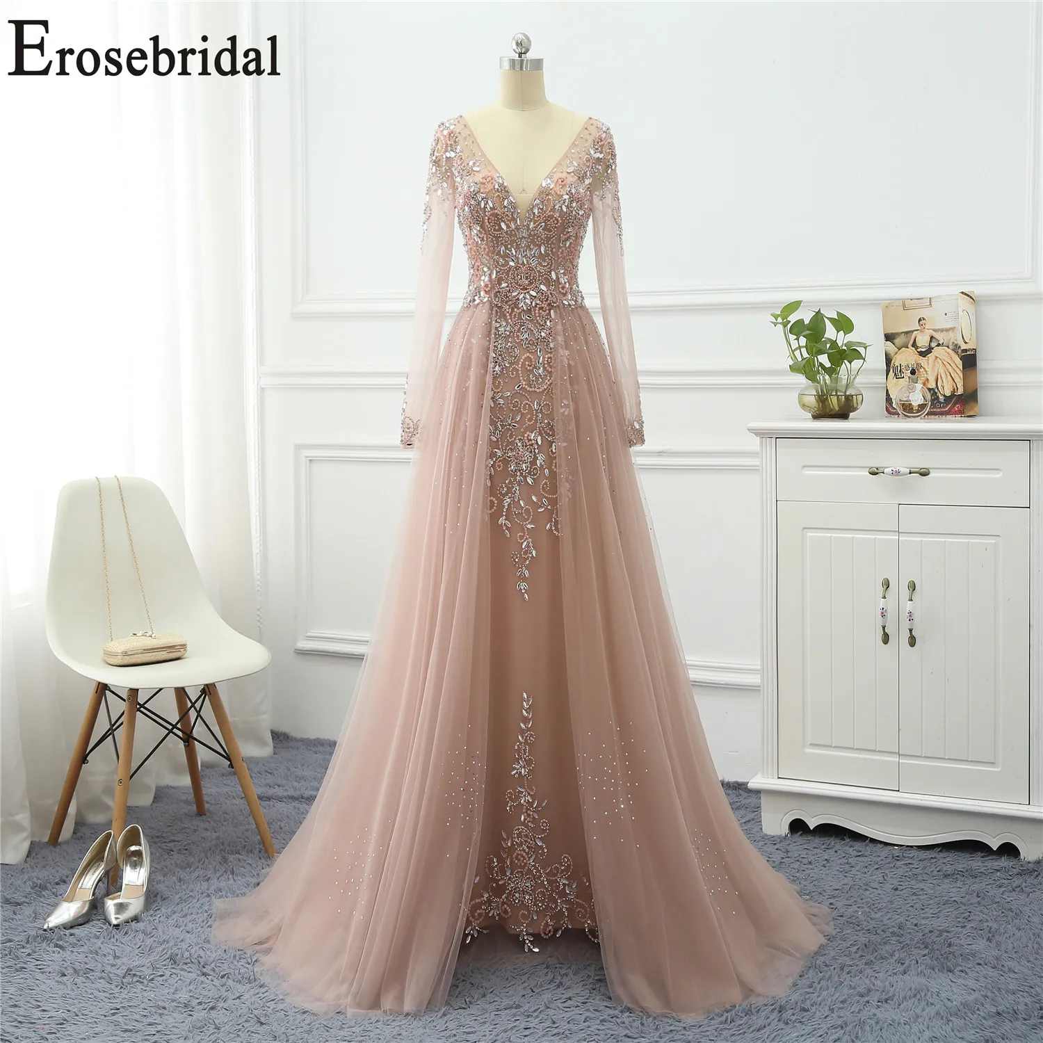 Kaufen Erosebridal Perlen Elegante Abendkleid Lange 2019 Langarm Formale Kleider Abendkleider für Frauen mit Zug