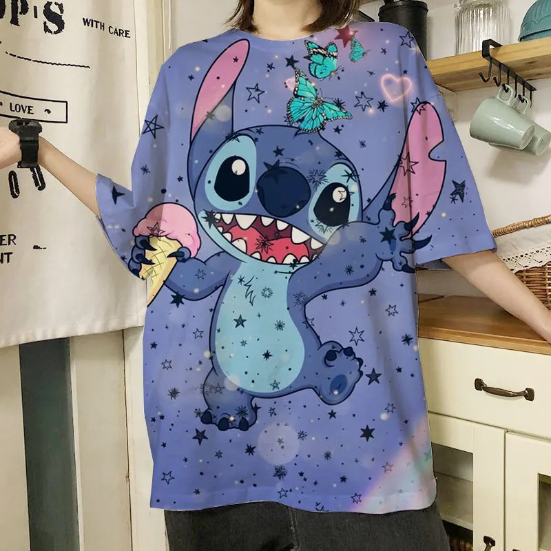 Harajuku T-shirt Disney Stitch Cartoon T-shirt Casual Street Kawaii Fashion T-shirt Men's and Women's Casual Oversized Top cheap t shirts