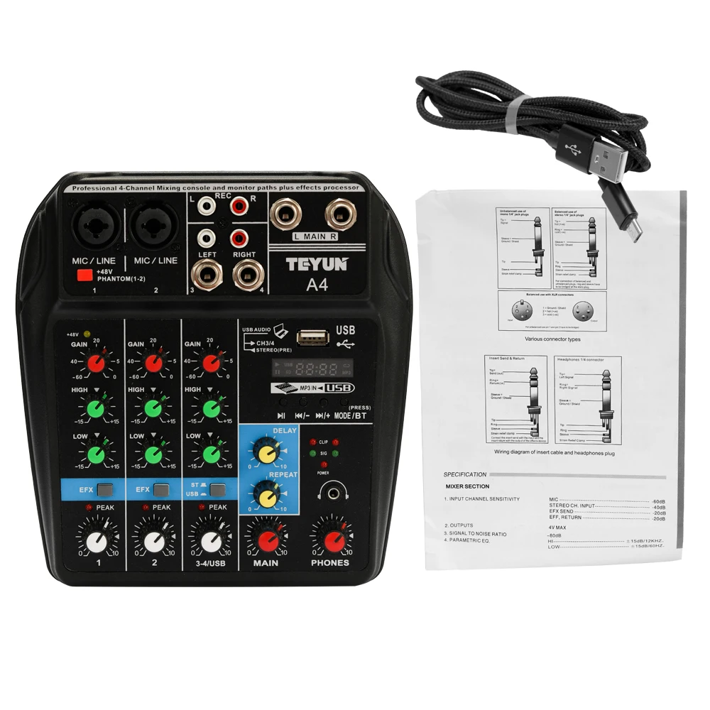 TU04 BT микшерный пульт записи 48 В Phantom power Monitor AUX Paths Plus Effects 4 канала аудио микшер с USB - Цвет: MIXER