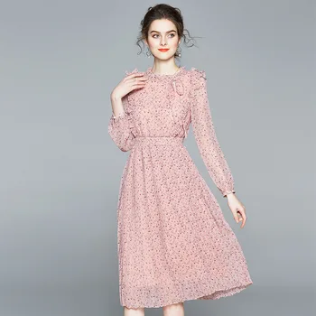

Pink Lace Embroidery Maxi Dress Female spring Winter Full sleeve high waist Ruffle elegant Long party dresses Woman 2020