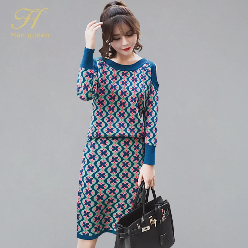 

H Han Queen Retro Sexy Off Shoulder 2 Pieces Suits Women Autumn Winter Streetwear Set O-neck Pullovers Sweater & Knitted Skirts