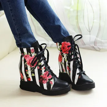 

OLOMLB Womens Shoes Floral Printed Wedge High Heel Platform Ankle Boots PU Leather Casual Sneakers Lace Up 3Colors Korean Style