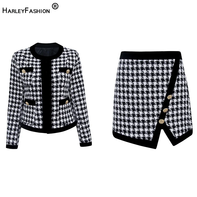 HarleyFashion роскошный дизайн весна осень Fit Твин наборы куртка мини прямая юбка плед твид шикарные комплекты из двух предметов