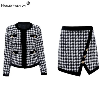 

HarleyFashion Luxury Design Spring Fall Fit Twin Sets Jacket Mini Straight Skirt Plaid Tweed Chic Two Pieces Sets