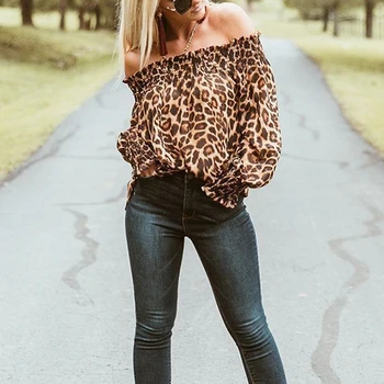 

2019 Spring Autumn Women Fashion Leopard Print T-Shirt Sexy Slash Neck Loose Long Sleeve Off Shoulder Leopard Print T-Shirts