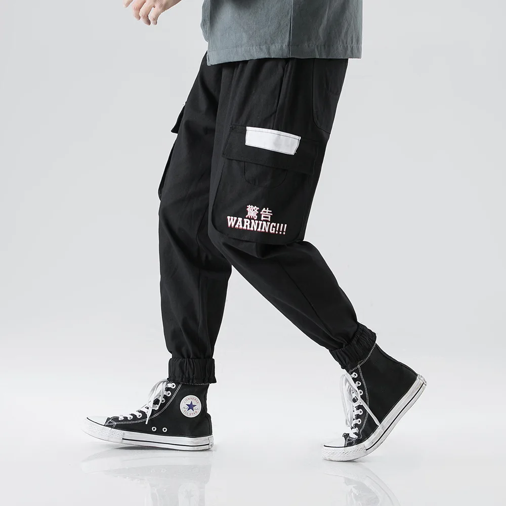 

Yi dao Vintage Japanese-style Retro Popular Brand Cool Warning Printed Pocket Bib Overall Spring Men Beam Leg Casual Pants