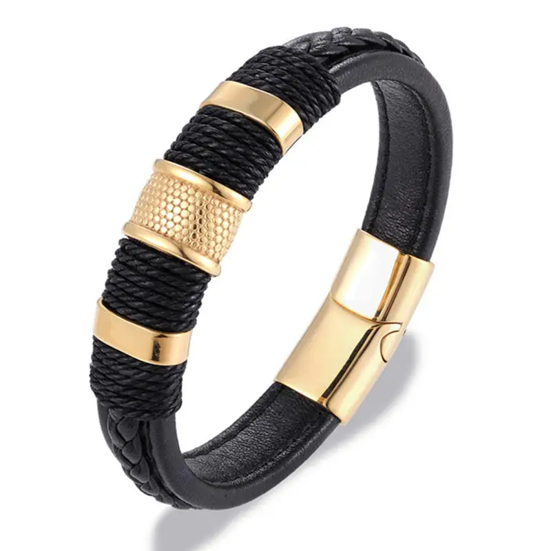 MKENDN Brand Multilayer Braid Genuine Leather Bracelet Titanium Stainless Steel Magnetic Buck Bracelet Men Woven Bangle Pulseras