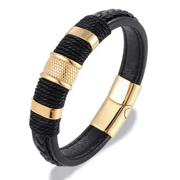 MKENDN Brand Multilayer Braid Genuine Leather Bracelet Titanium Stainless Steel Magnetic Buck Bracelet Men Woven Bangle Pulseras