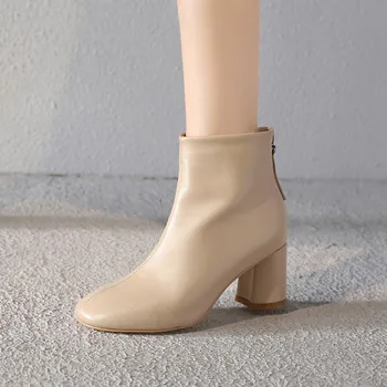 

MLJUESE 2021 women Ankle boots Sheepskin Winter short plush Square Toe Zipper High heels female boots size 39