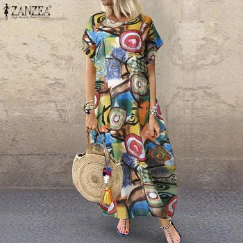 

ZANZEA Summer Bohemian Printed Sundress Women Short Sleeve Long Dress Vintage Kaftan Vestido Plus Size Loose Dresses Robe Femme
