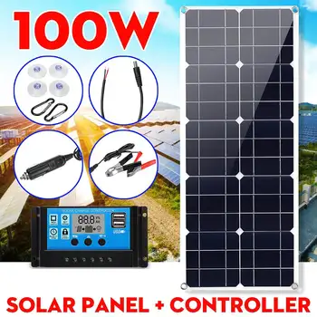 

100W 18V MonocrystalineSolar Panel Dual 12V/5V DC USB Charger Kit with 10A Solar Controller & Cables