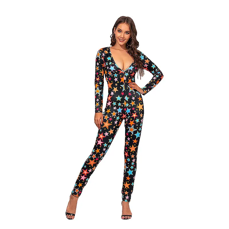 

2020 Autumn and Winter Women's New Christmas Style Sexy Deep V-neck Star Print Long-sleeved Jumpsuit Long Sleeve Bodysuit