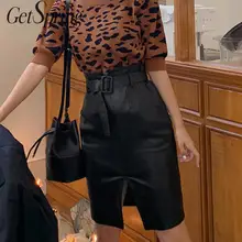 Getвесенняя Женская юбка с разрезом, высокая талия, юбки из искусственной кожи, женские повязки, подходят ко всему, винтажные сексуальные длинные черные юбки из искусственной кожи