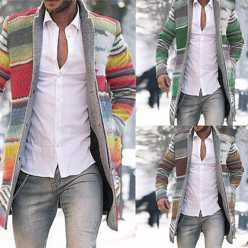 Gabardina informal para hombre, abrigo cálido a la moda, cárdigan a rayas con cuello en V, chaqueta gruesa larga, prendas de vestir de lana