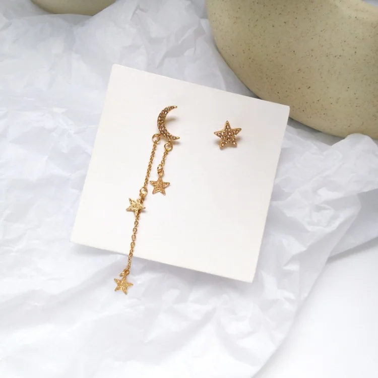 

Asymmetric Fully CZ Star Moon Clip Earrings for Women Funny Long Chain Earrings
