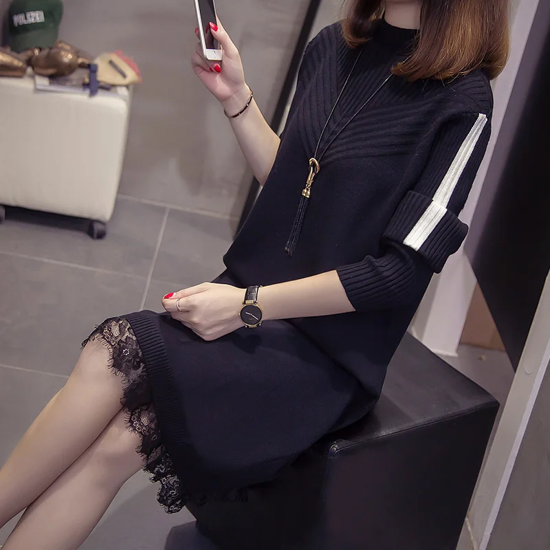 Milinsus, женский свитер в Корейском стиле, Осень-зима, черный, плюс размер, XL-4XL, свободное, кружевное, в полоску, винтажное, однотонное, базовое платье
