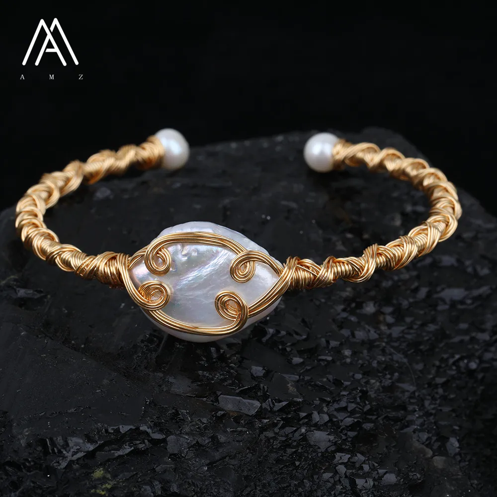 

Natural Baroque Freshwater Pearl Open Bracelet,Wire Wrapped Gold Copper Handmade Pearl Bangles For Women Jewelry TSMN-04AMCJ