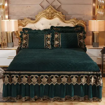 

Europe Camel Lace Embrodery Velvet Bedspread King Queen Quilted Cotton Bed Cover Thick Soft Bedskirt Fitted Sheet Pillowcase