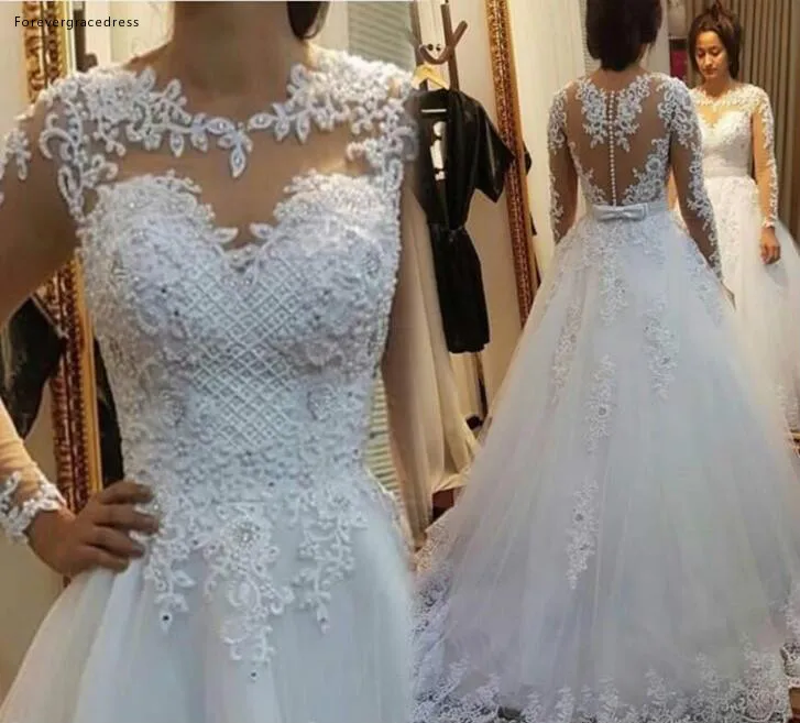 

2019 New Arrival Cheap See Through Wedding Dress Noble Long Sleeve Lace Appliques Country Garden Bride Bridal Gown Custom Made