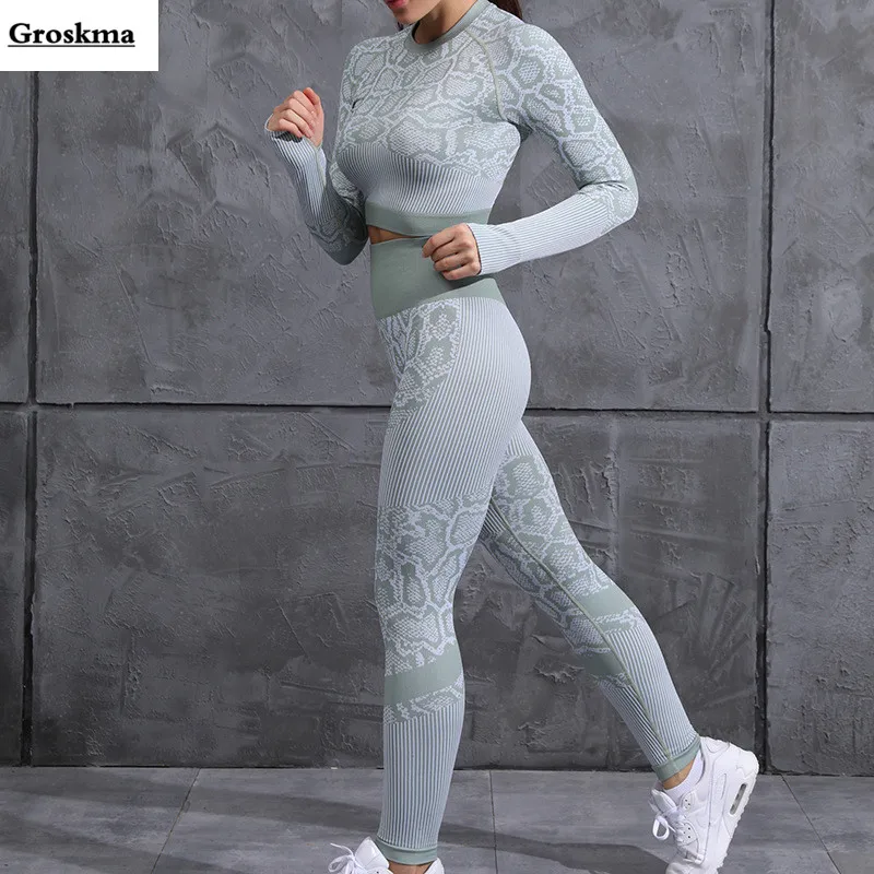 

2 Piece Set Women Yoga Clothing Fitness Gym High Waist Pants+Long Sleeve Crop Top T Shirt Outdoor Sports Suit Running Seamless