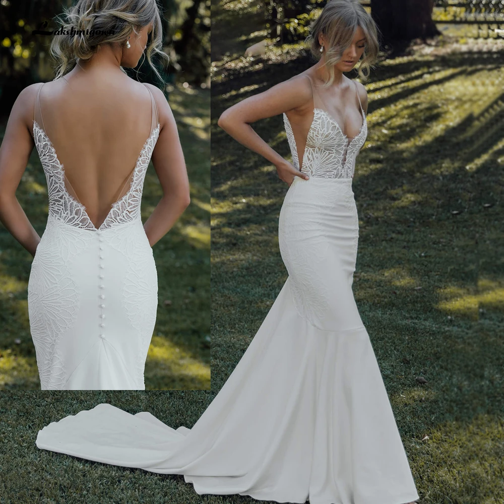 bridal gowns Sexy Plunging V Neck Sleeveless Lace Stretch Crepe Wedding Dress Open Back Bridal Gowns Outdoor Country Bridal Gown Lakshmigown casual wedding dresses
