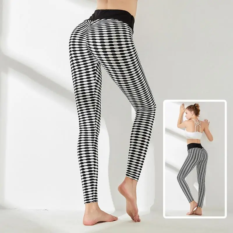 

Summer women's sports pants high waist buttocks black and white striped jacquard leggings jogging yoga pants
