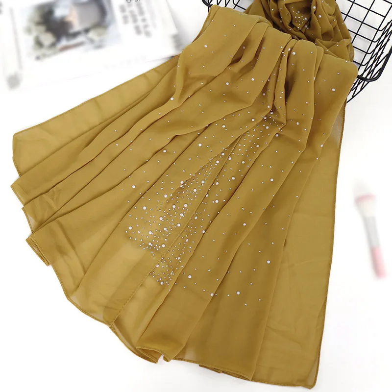 Women Muslim Plain Bubble Pearl Chiffon Scarf Hijab Hot Sale Diamond Rhinestone Shawls Headband Foulard Femme hijabs Scarves New 6
